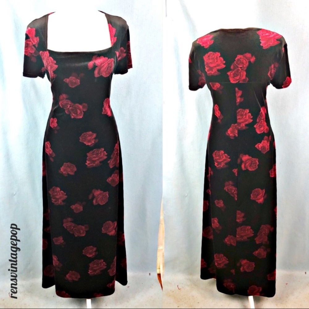 RJ Velvet Red Rose w Black Cocktail Dress 90s 8